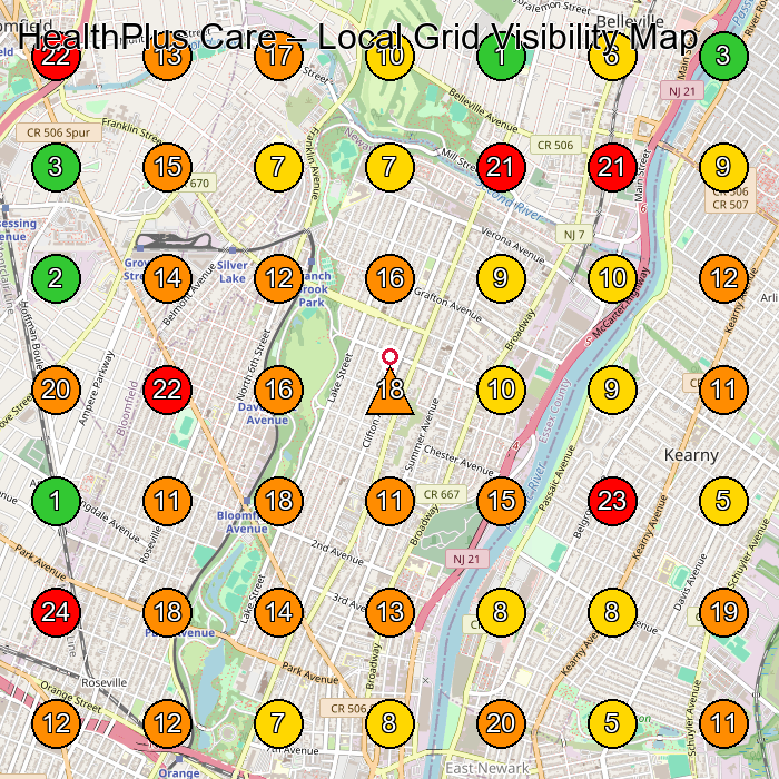 HealthPlus Care Health Insurance Agency GeoGrid ranking map for Newark NJ
